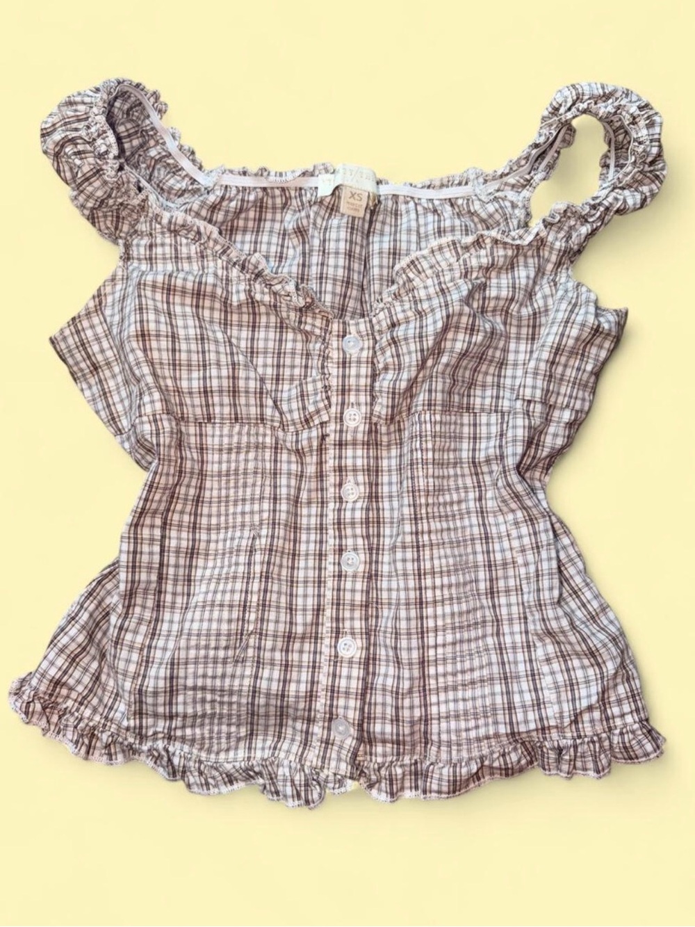 Plaid Ruffled Button-Front Women’s Top - Brown/White